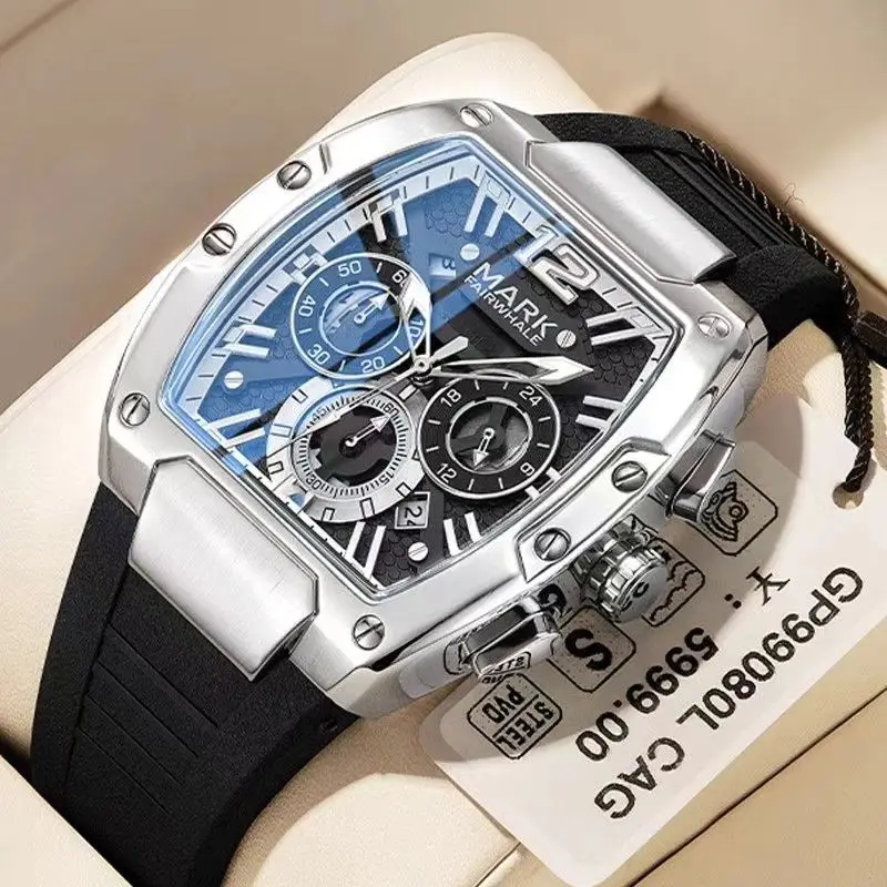 FAIRWHALE Tonneau Watches for Men 5950 New Sport Stainless Steel Case Chronograph Luminous Quartz Watches Gift Box Reloj Hombre