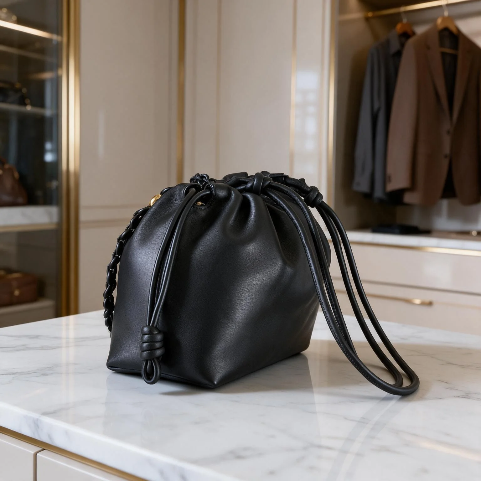 Soft Leather Drawstring Pouch Bag for Women Knotted Strap Design Minimalist Crossbody Shoulder Handbag