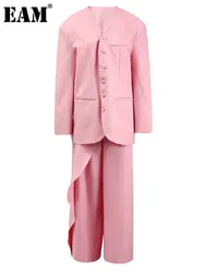 [EAM] Big Size Blazer Irregular Wide Leg Pants Two Piece Suit New V-Neck Long Sleeve Women Fashion Spring Autumn 2024 9C4987