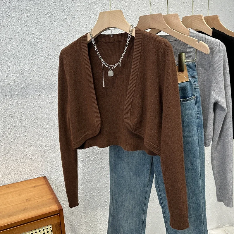 Korean Fashion Sun-Proof Cardigans Women Crop Tops Sweater Thin Short Summer 2025 Solid Knitted Long Sleeve Cardigan