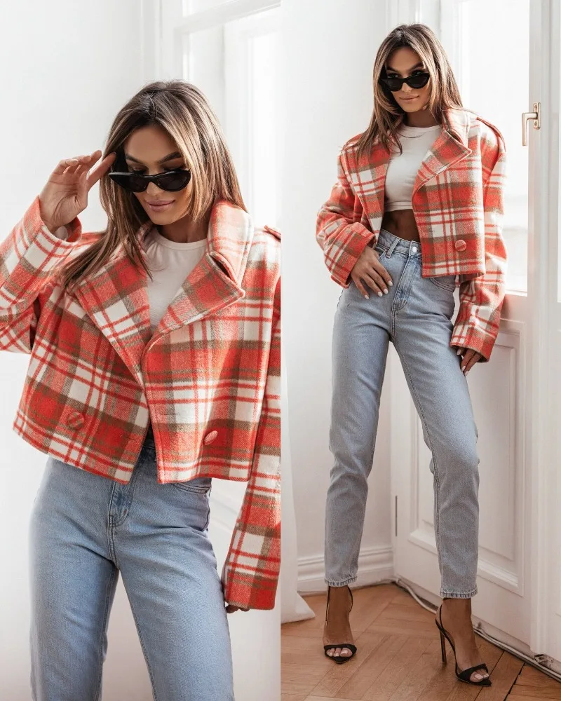 スタイリッシュな英国風グリーンチェック柄コートショートルーズウールコートレトロスタイルチェック柄長袖カーディガン女性用ジャケット