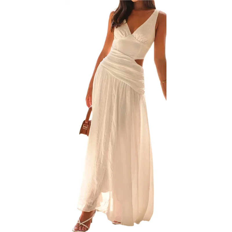 AOAO-Women's Long Drop Waist Ruched Summer Party Dress Flowy V Neck Cut Out Pleated Ladies Dresses