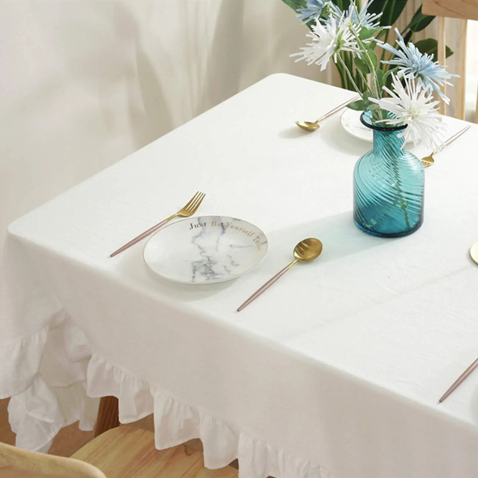 100% CottonTable Cover Retro Farmhouse Ruffle Tablecloth Soft Water-washed Tablecloths for Rectangle Party Wedding Decor Durable