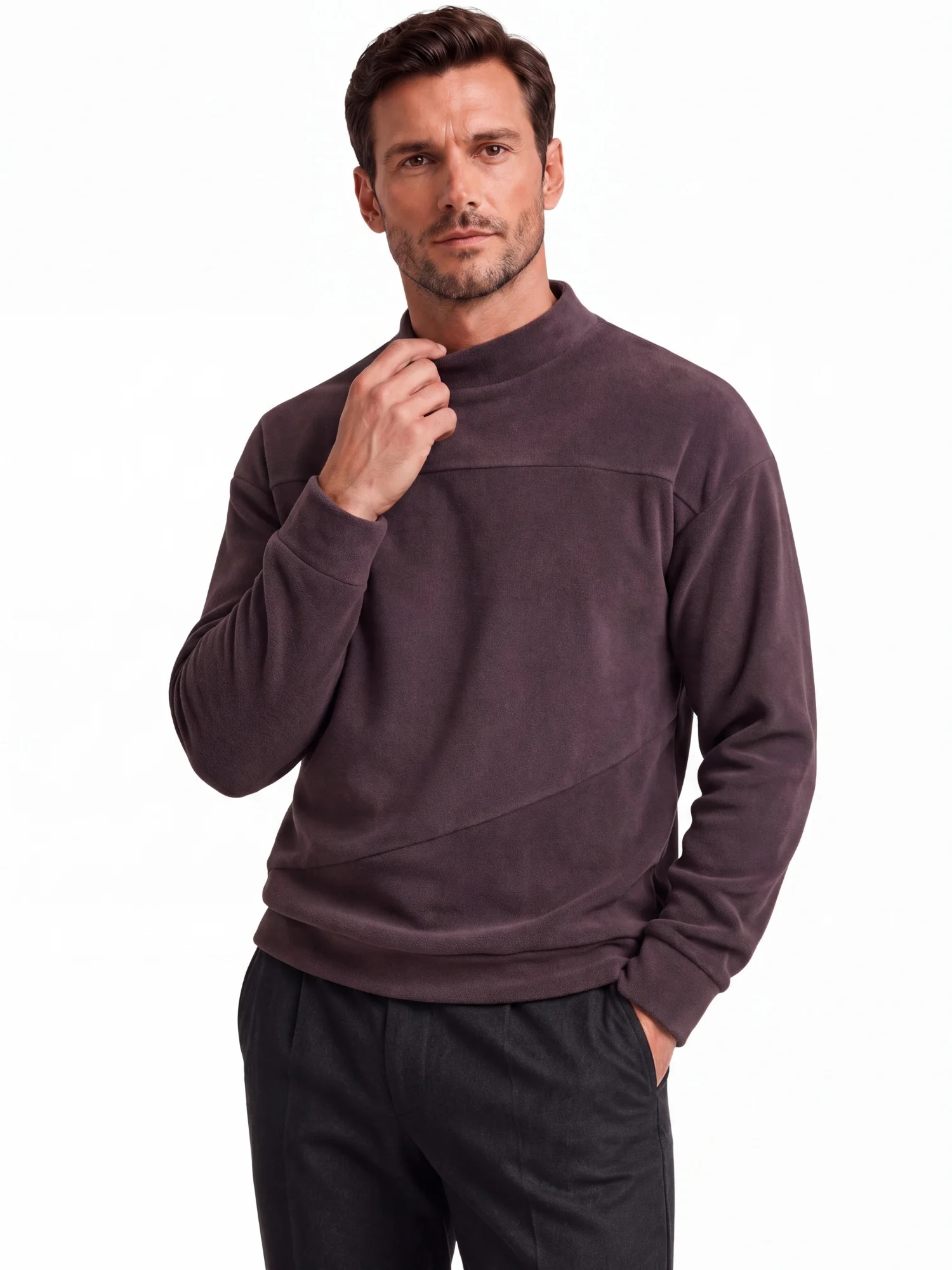AIOPESON Herren Pullover Sweatshirt mit Stehkragen, Einfarbig, Einzeltasche, Herbst Winter Casual Warm Locker Geschnitten Langarm Oberbekleidung – Detail 3
