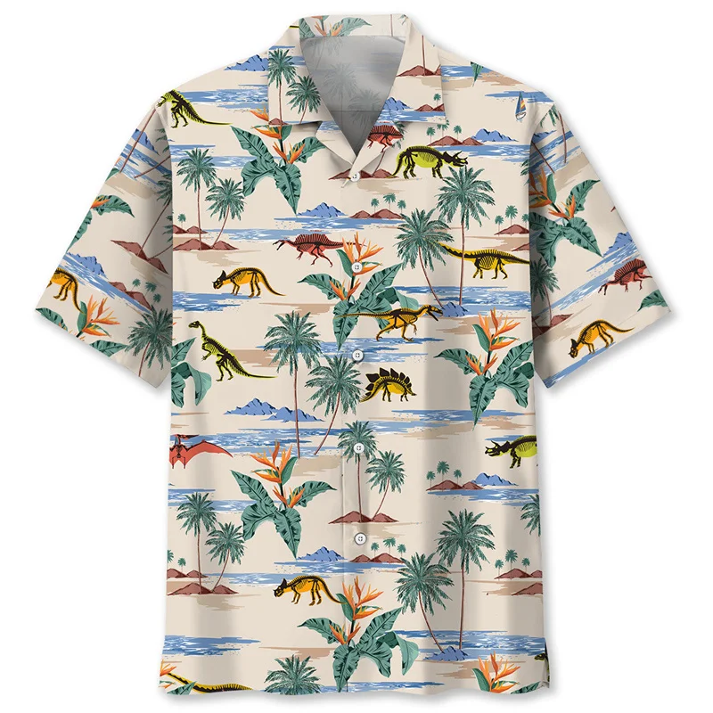 

Cartoon Dinosaur Graphic Hawaiian Shirt For Men Summer Beach 3d Printed Animal Short Sleeves Tops Oversized Lapel Button Blouse