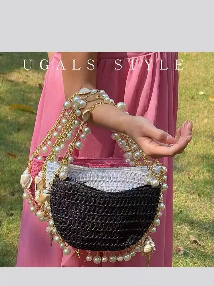 

Сумка-полумесяц из соломки ручной работы с жемчужным декором, плетеная, женская, на плечо, кроссбоди, для отпуска и пляжа