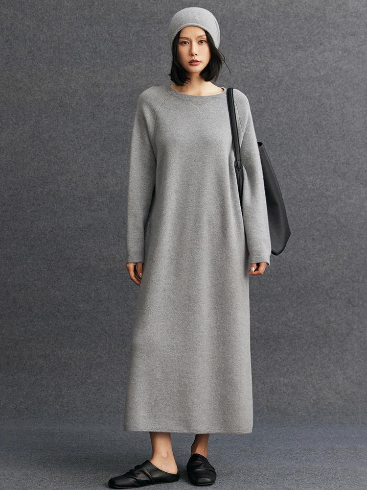 

Women O-Neck Cashmere Dress 100% Cashmere Knitted One Piece Dress Autumn Winter Thick Loose Cashmere Knitwear Long Sleeve Dress