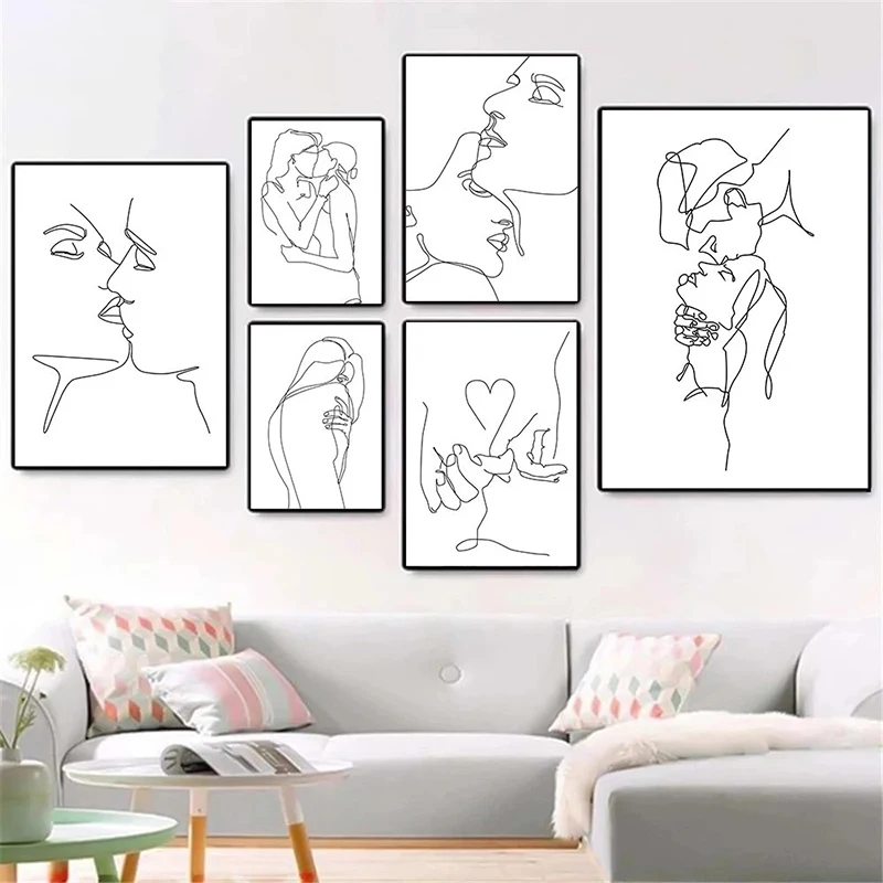 Black And White Line Drawing Couple Kiss Canvas Prints Heart Art Painting Hand In Hand Poster Minimalist Pictures Home Decor