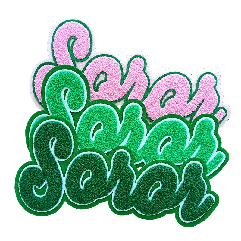 Sorority Pink and Green SOROR with Tail Towel AKA Chenille Embroidered Heat Applied Greek Letters Iron on Patches