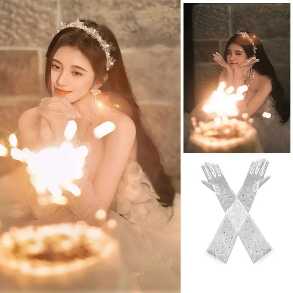 مزاجه الساتان الأبيض قفازات طويلة خمر الحلو الزفاف قفازات الزفاف مطاطا الدانتيل طويل فنجر القفازات تظهر #4