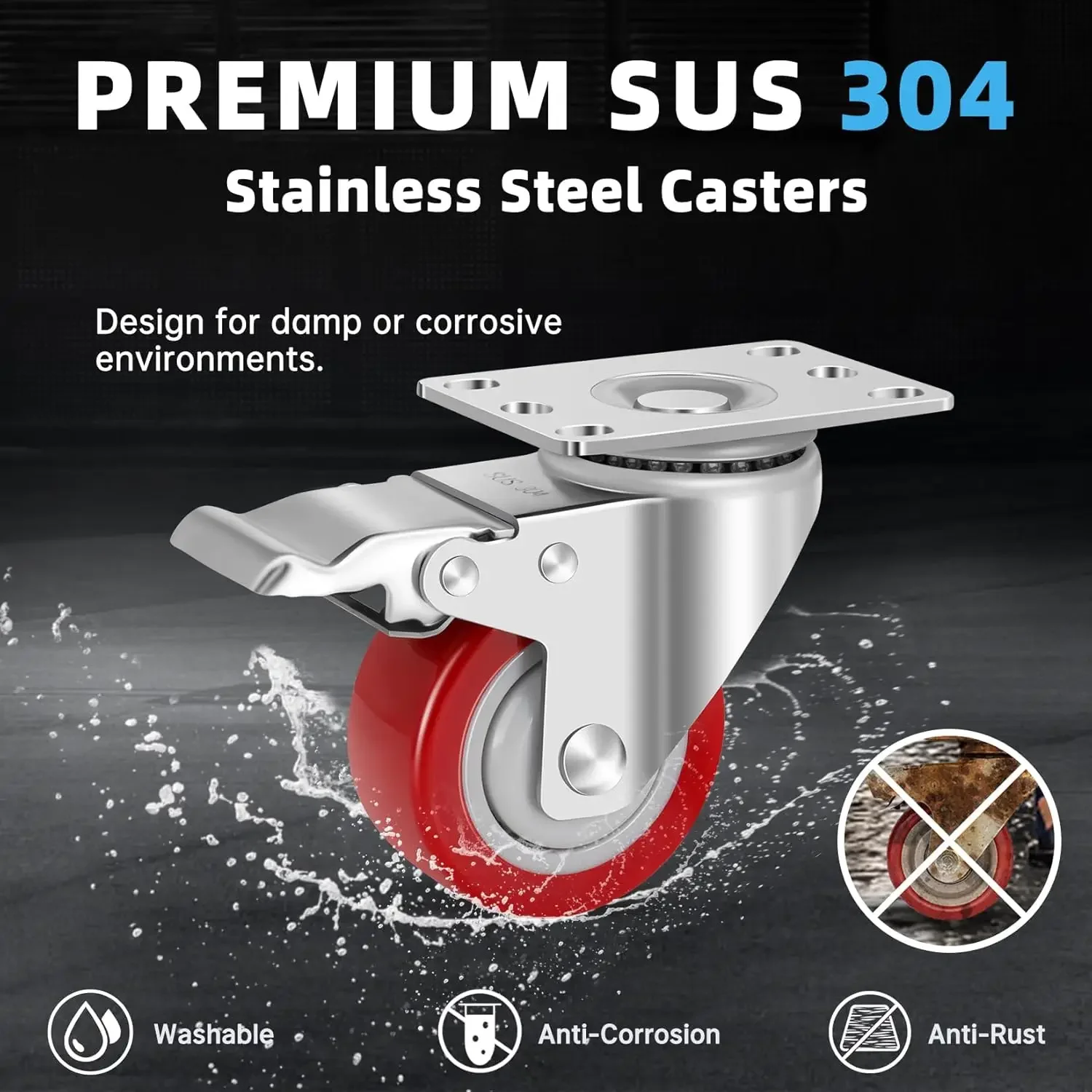 Stainless Steel 3 Inch Caster Wheels with Brake,Rust-Proof Heavy Duty 304 Casters Set of 4,Anti-Corrosion Industrial Castor for