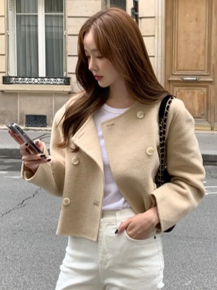 

Chic ort Wide Lapel Long Sve Woolen Coat for Women round Ne Open Cardigan Single Button Autumn Spring Faion Outerwear