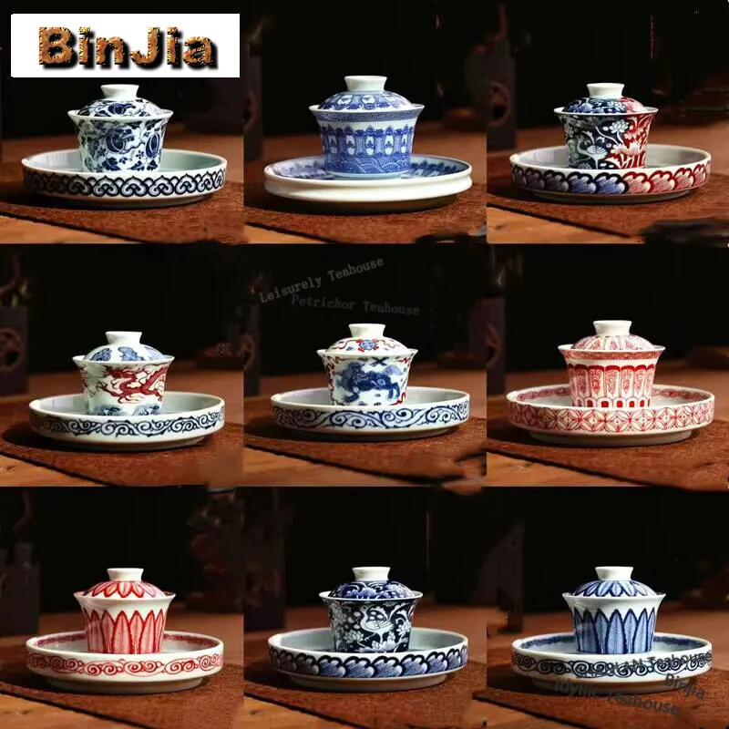 

110ml Jingdezhen Blue and White Porcelain Egret Lotus Gaiwan Antique Tea Tureen Household Tea Making Cover Bowl Drinkware Craft