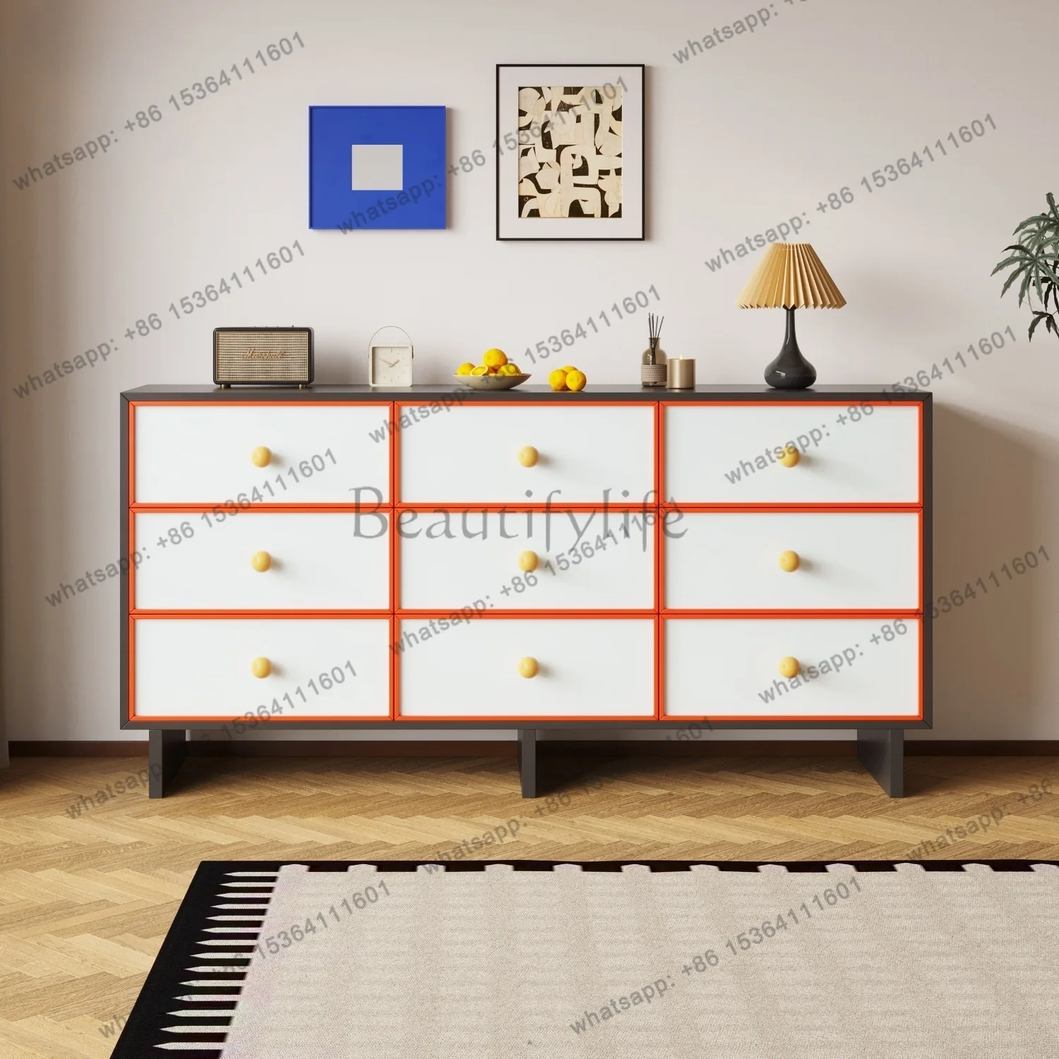 YJ French retro nine-chest cabinet color matching solid wood side cabinet entrance living room storage drawer cabinet six matte