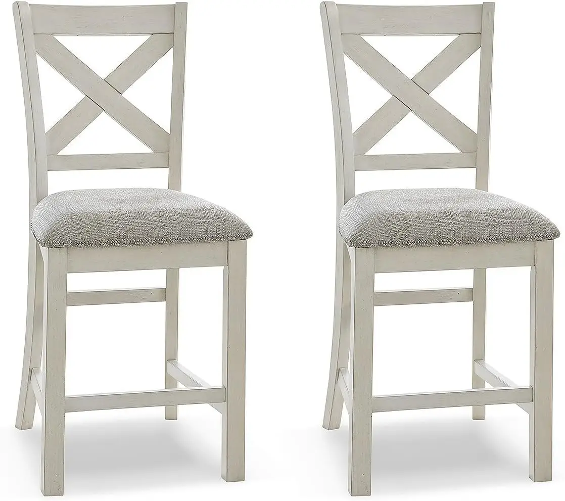 

Robbinsdale Farmhouse Upholstered Barstool, Set of 2, X-Back, Nailhead Trim, Wood, 24.75" H, White & Light Gray