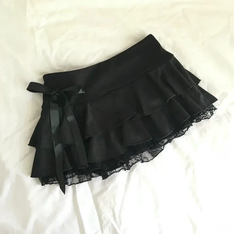 Women's Black Ruffle Mini Skirt Flowy Tiered Lace Trim Skirt with Side Satin Bow Alt-Girl Y2K Coquette Club Wear