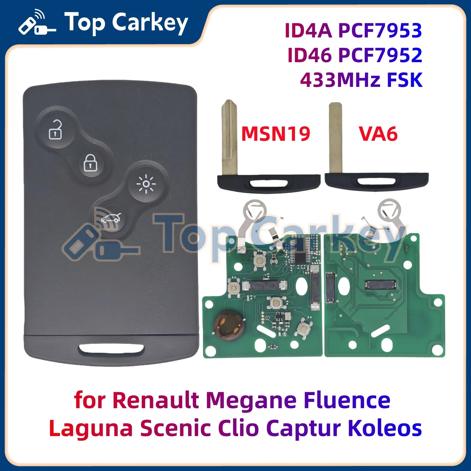 

TopCarkey Keyless Remote Key Card 4A 46 Chip 433MHz for Renault Megane Fluence Laguna Scenic Clio Captur Koleos