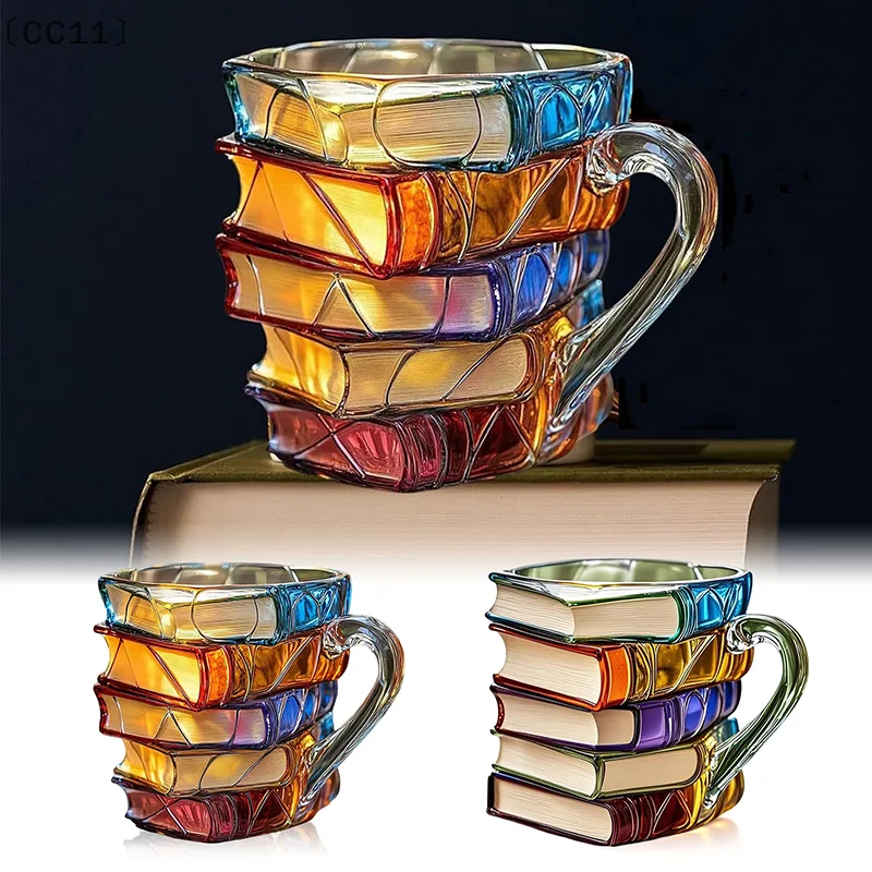 ΣCC11 ParqueGemaltes Buchbecher 11oz Neuheit 3D-gemalte Bücher Kaffeebecher Einzigartige bunte Harzbücher Stapel Kaffeetasse Sammlung Geschenke