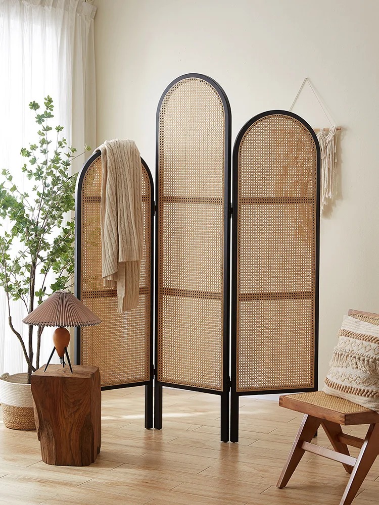 

Nordic solid wood screen small apartment living room rattan partition bedroom simple shielding movable decoration