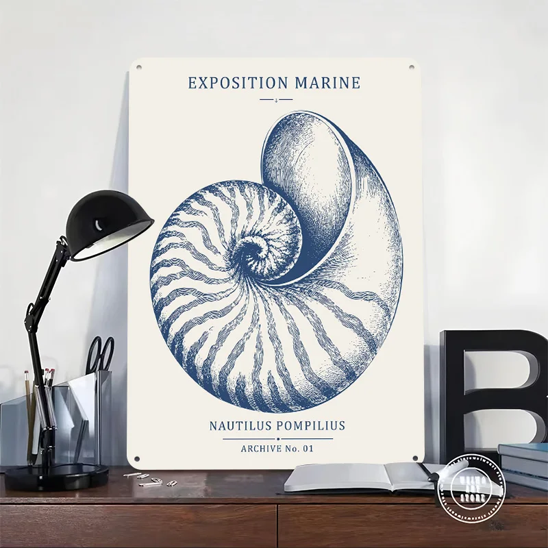 Vintage Nautilus Shell Marine Natural History Personalized 3D Textured Metal Poster Wall Art Tinplate Sign for Room Decor Home