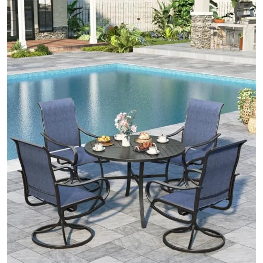 

Outdoor Dining Set for 4 with Swivel Chairs 42 Metal Round Table All-Weather Blue Patio Set for Garden Pool