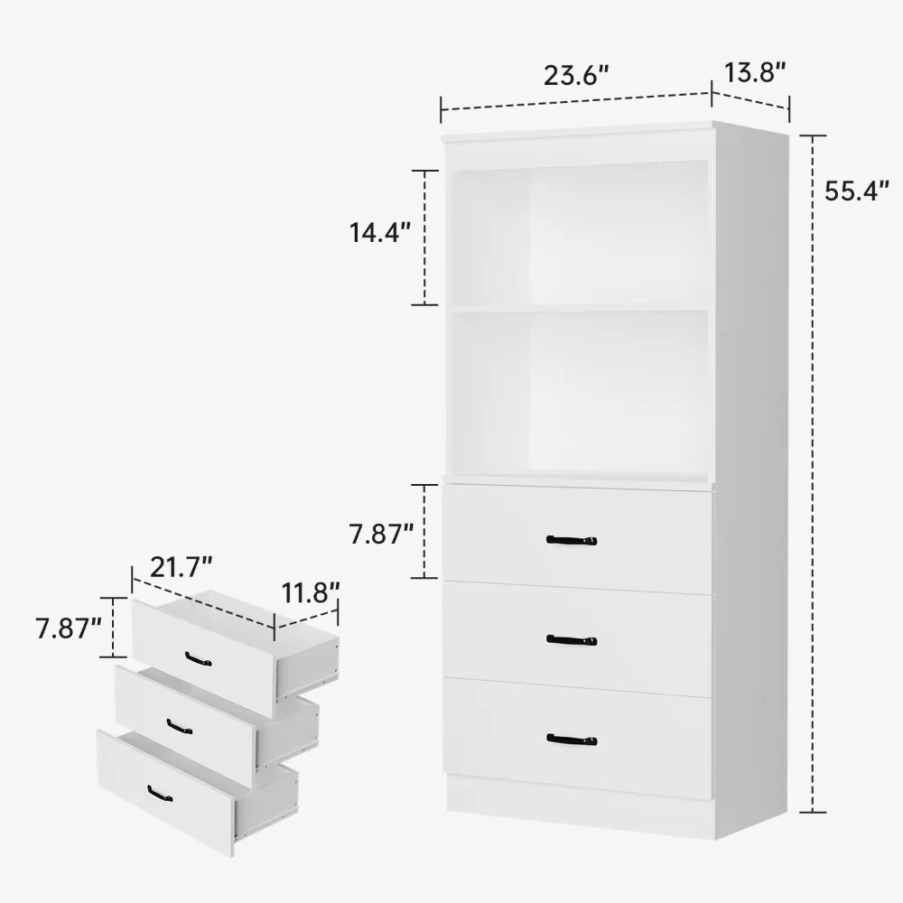 رف كتب أبيض مقاس 55.5 بوصة مكون من 5 طبقات مع 3 أدراج وأرفف مفتوحة من طبقتين وخزانة كتب طويلة للتخزين للمكتب المنزلي