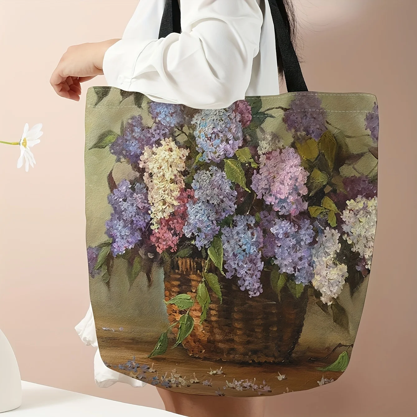 Flower printed tote bag, reusable fashionable backpack, multifunctional handbag, printed canvas shopping bag