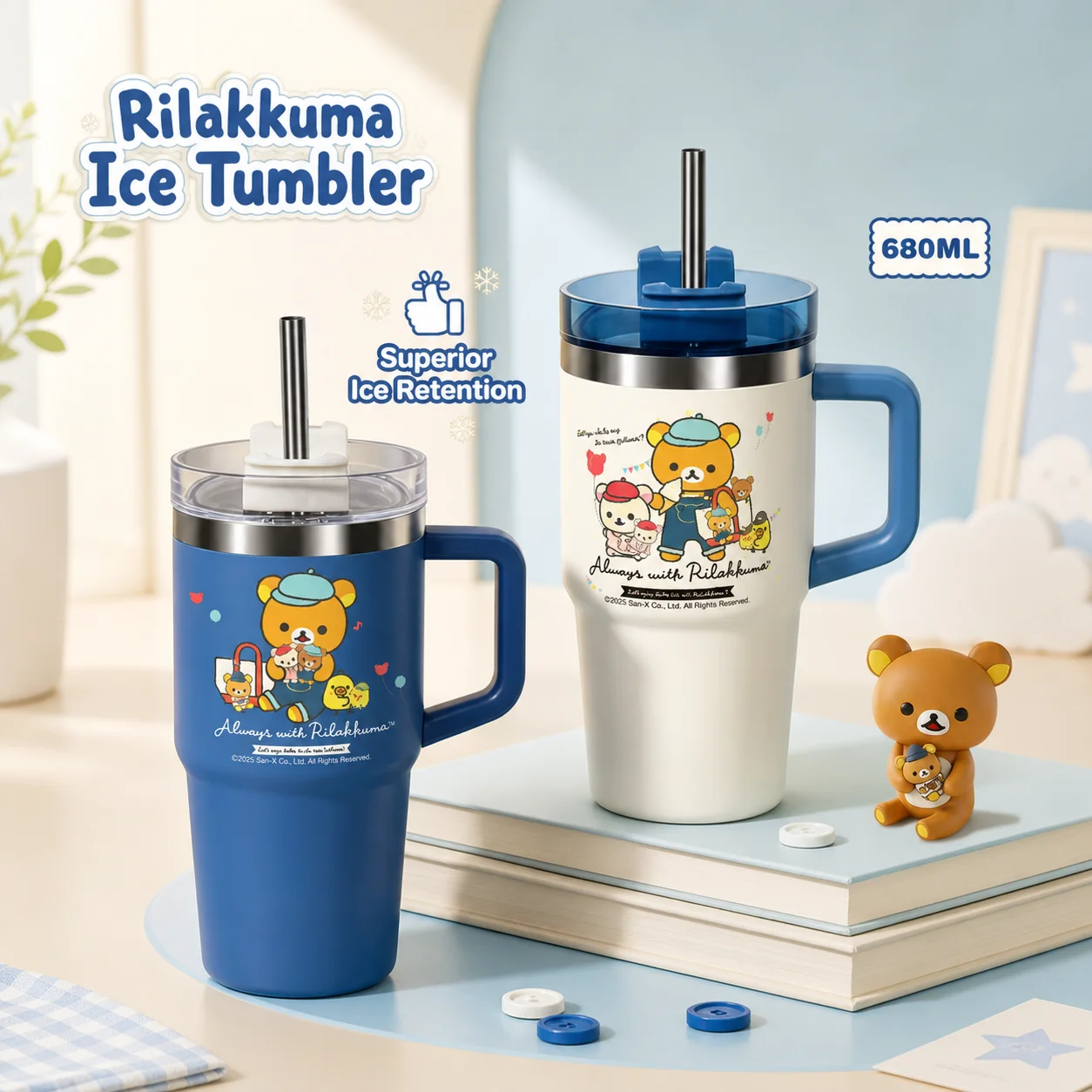 630ml Cute Rilakkuma Stainless Steel Tumbler Insulated Water Cup With Straw Handle Leakproof Car Travel Thermal Mug