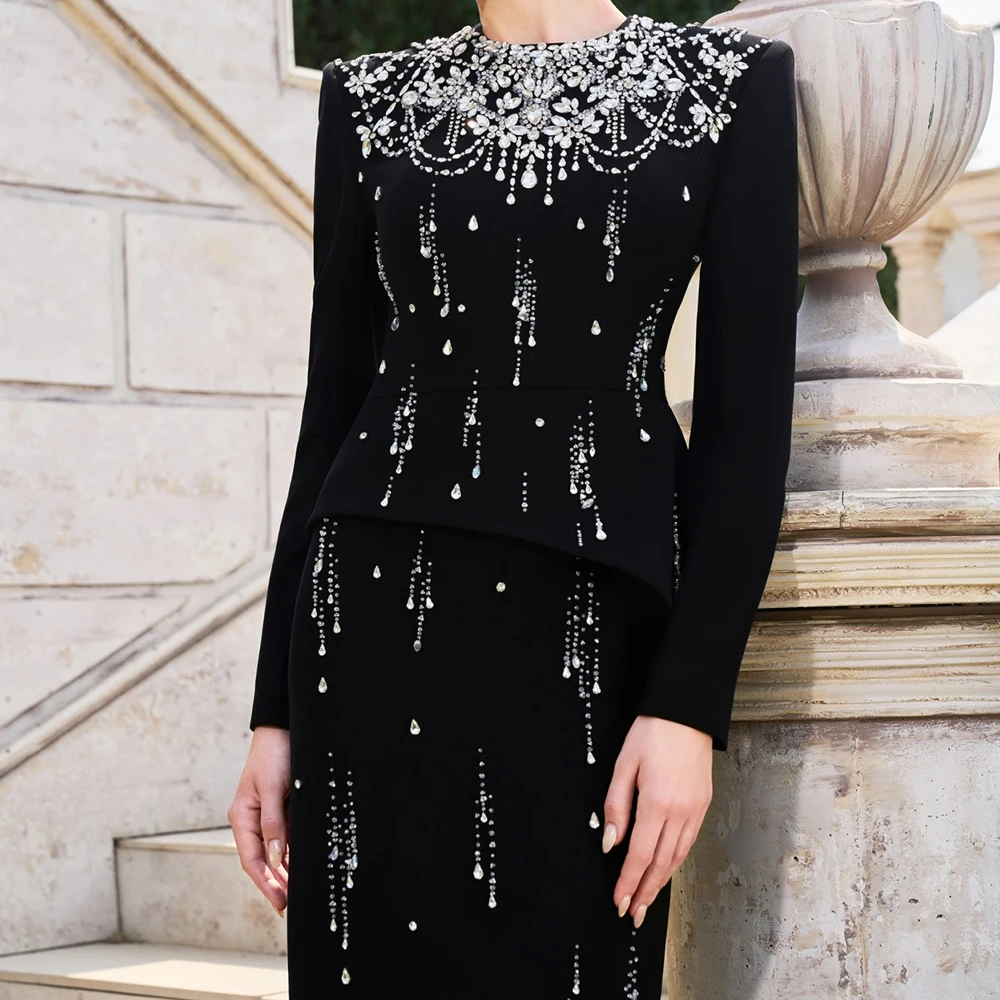 맞춤형 고급스러운 스트레이트 이브닝 드레스 바닥 길이 하이넥 풀 슬리브 프롬 가운 심플 패션 크리스탈 파티 가운