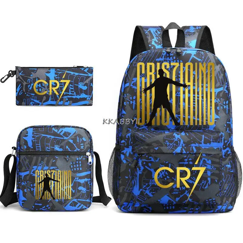 CR7 Estudantes Capacidade School Bags Set, Moda Bookbag, Travel Bag, Shoulder Bag, Pen Bag, Novo, 3Pcs