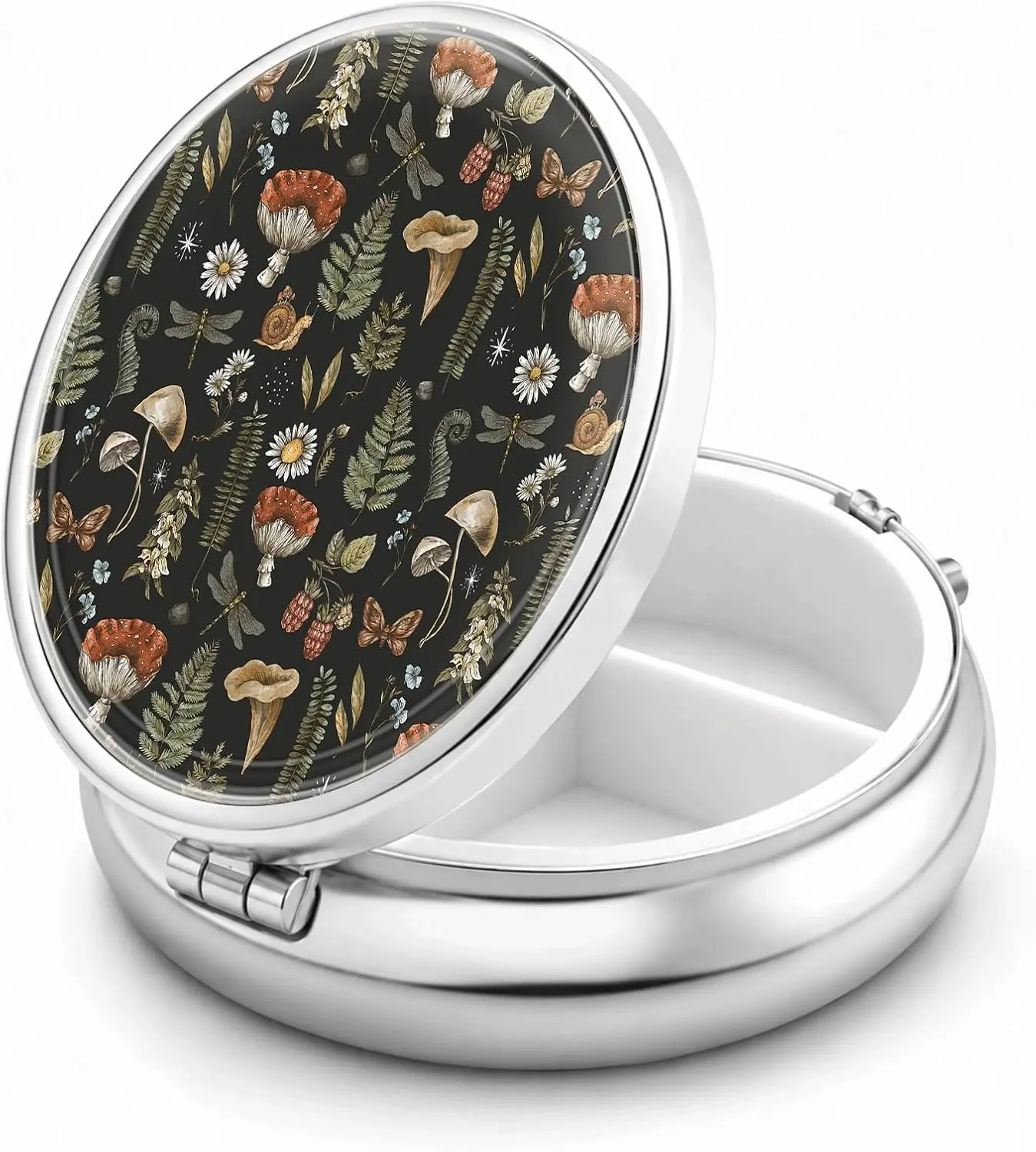 Small three-compartment metal pill box, suitable for travel and everyday wallet storage, with a secure pocket design, can hold vitamins and supplements, and features a stylish and cute pattern (mushroom pattern)