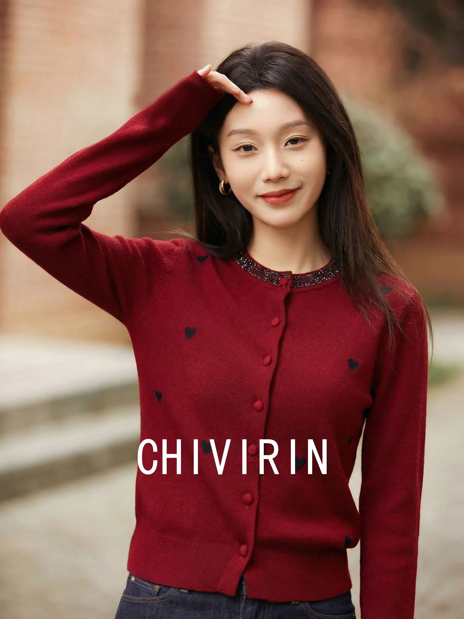 

New Year Red Heart Embroidery Knitted Open Cardigan Women's Spring Autumn Gentle Sle Versatile Outerwear Button Sweater