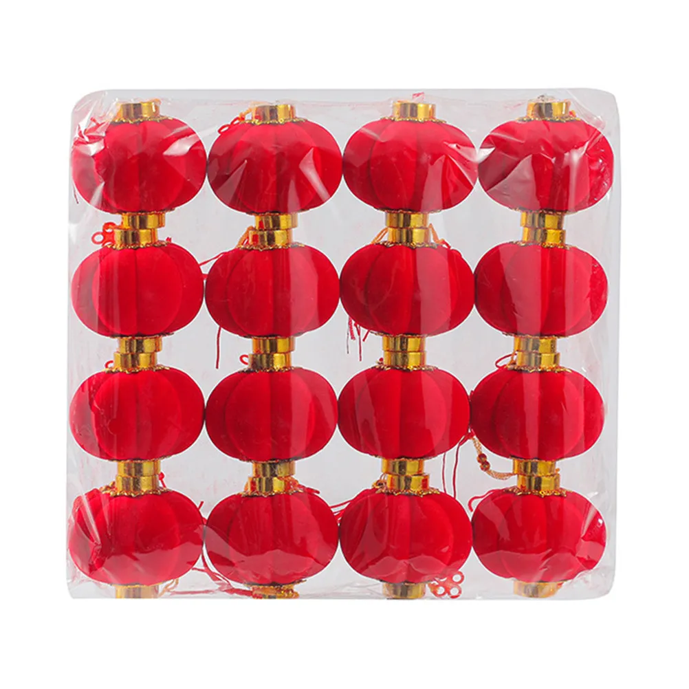 16Pcs Red Lantern Hanging Ornaments Flocking Cloth Party Decorations for New Year Spring Festival