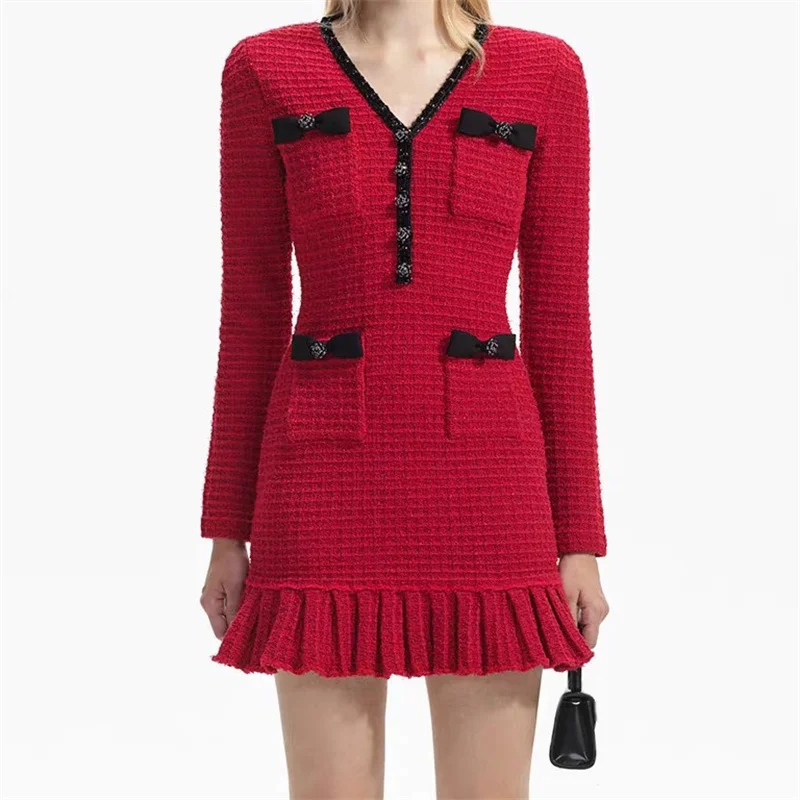 elegant party dresses woman 2024 Autumn New Fashion Button Decoration V-neck Mini Dress Elastic knitted slim fit Short dresses