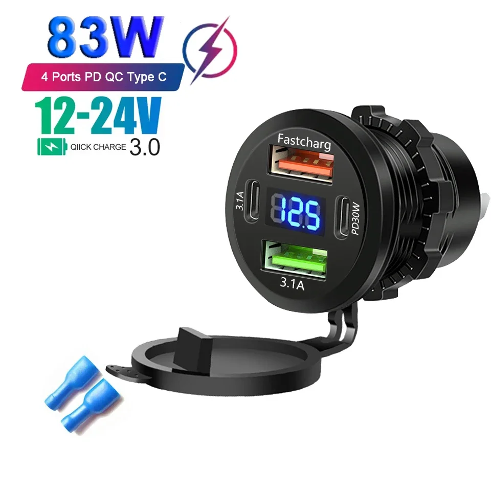 Multi-Port-Autoladegerät PD QC3.0 USB-Ladebuchse mit digitalem Voltmeter 12V/24V für Motorrad, Auto, Boot, Marine, LKW, Bus