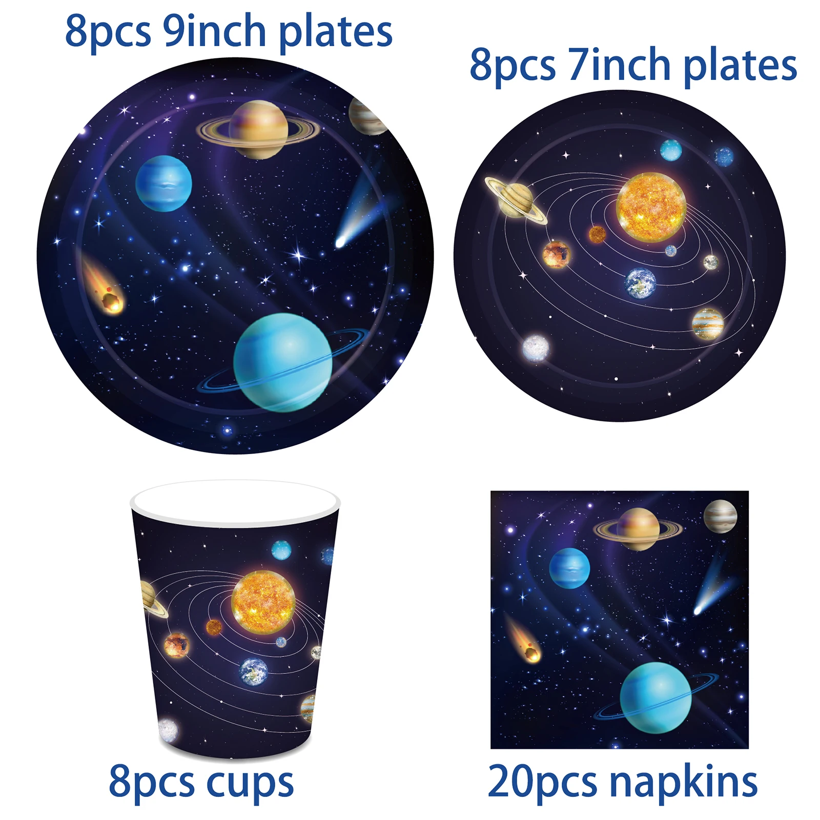 Cartoon Cosmic Space Planet Disposable Tableware Sets Kids Birthday Plates Paper Napkins Cups Baby Shower Party Table Decoration