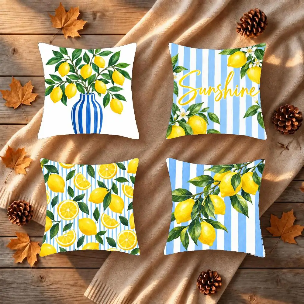 Fresh Lemons Chic Cushion Cover 1/4Pcs Soft Plush Throw Pillow Cover Double-Sided Print Sofa Living Room Decor