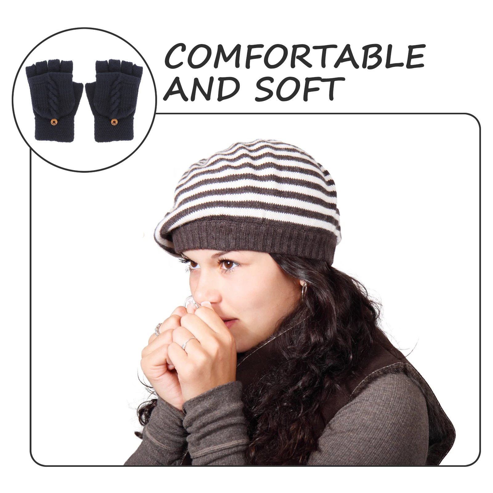 زوج واحد من قفازات النساء بدون أصابع دافئة قابلة للتحويل من الكشمير الأكريليك نصف اصبع للاستخدام في الطقس البارد في الهواء الطلق