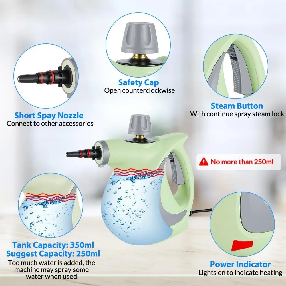 Handheld Pressurized Steam Cleaner, 12pcs Accessories, Portable Steamer for Home, Car, Furniture, Floor, Upholstery, Grout & Tile