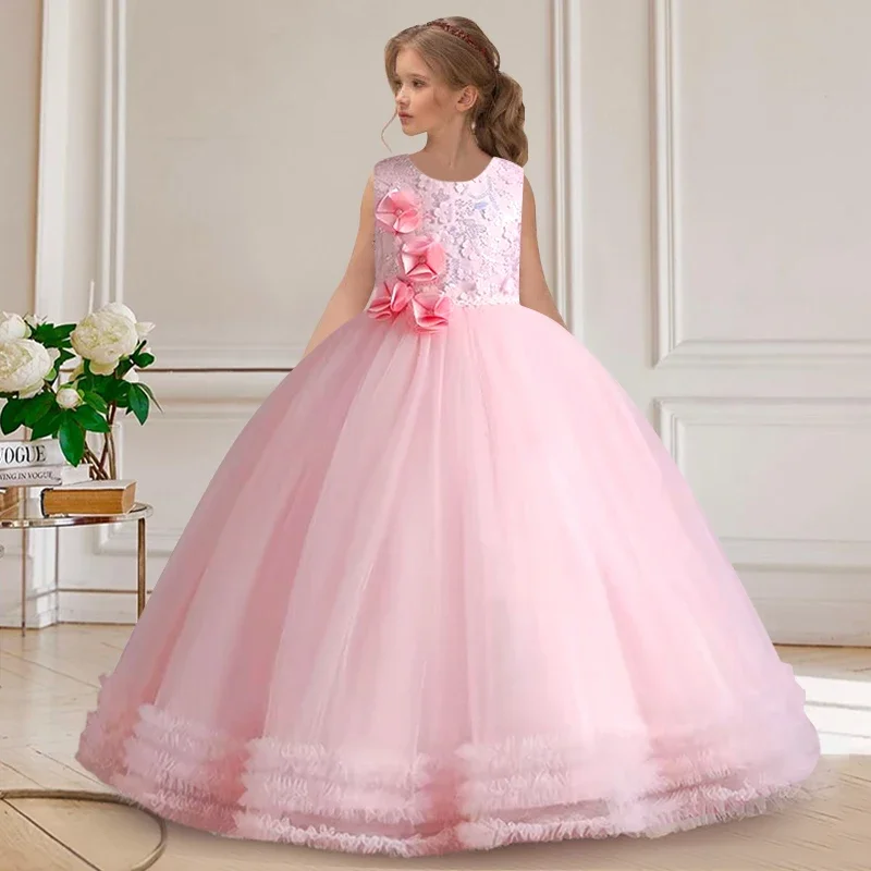 Children\'s sequined puff-sleeved princess dress 5-14 years old boys and girls pearl bow fluffy mesh skirt banquet host costumes