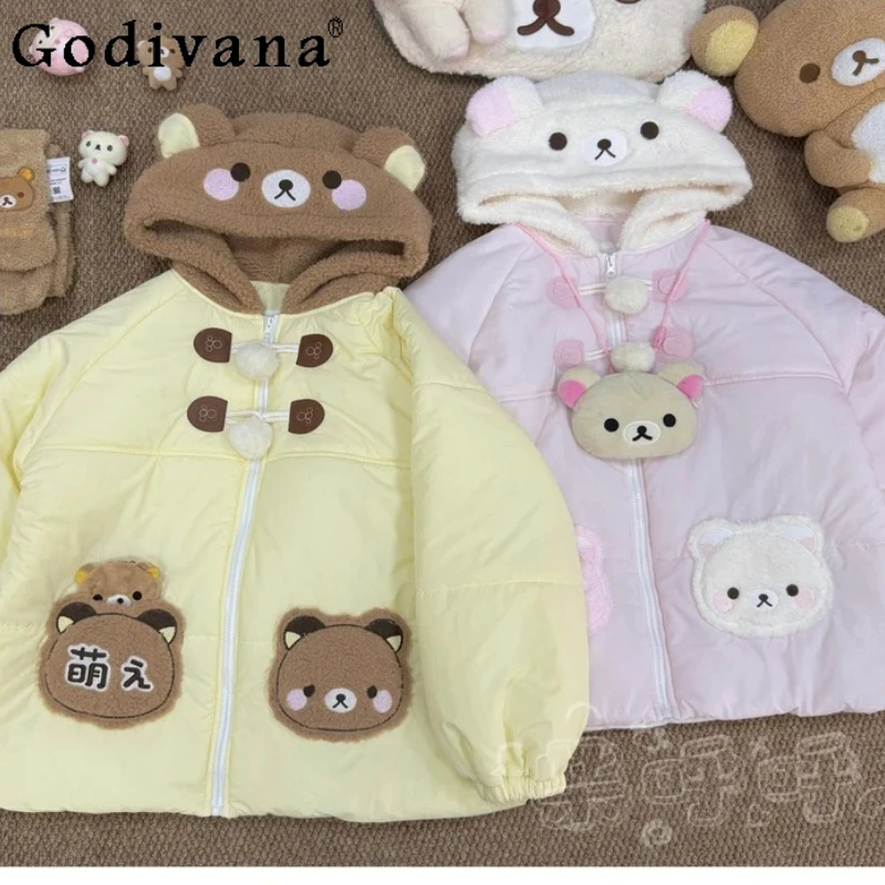 

Original Sweet Kawaii Parkas Japanese Soft Girl Warm Thick Cartoon Print Y2K Hooded Short Parka Coat Daughter's Parkas Winter