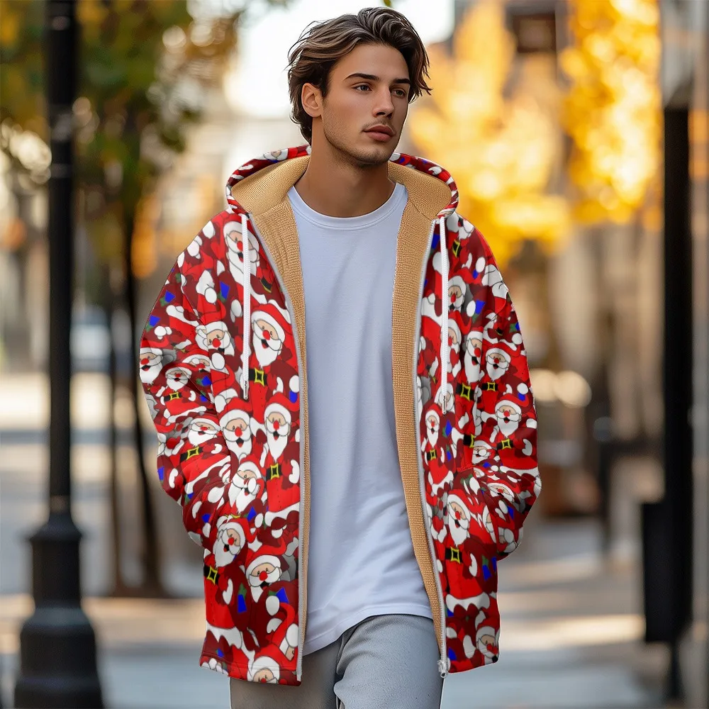 Men Jackets Coats Christmas White Red Santa Claus Present Printed Plush Thick Winter Outdoor Large Size Streetwear Clothing