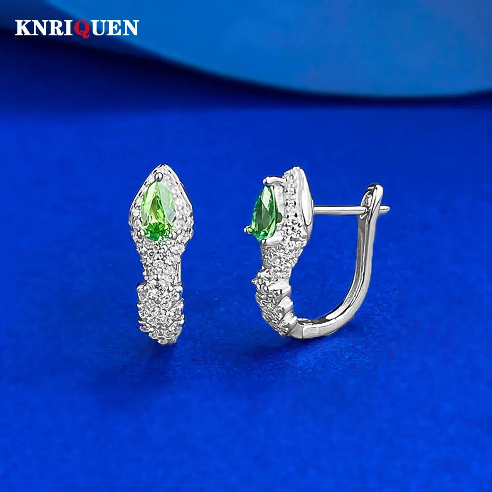 

Retro 100% 925 Solid Silver 3*5mm Emerald Ruby Snake Clip Earrings for Women Lab Diamond Wedding Party Fine Jewelry Female Gift