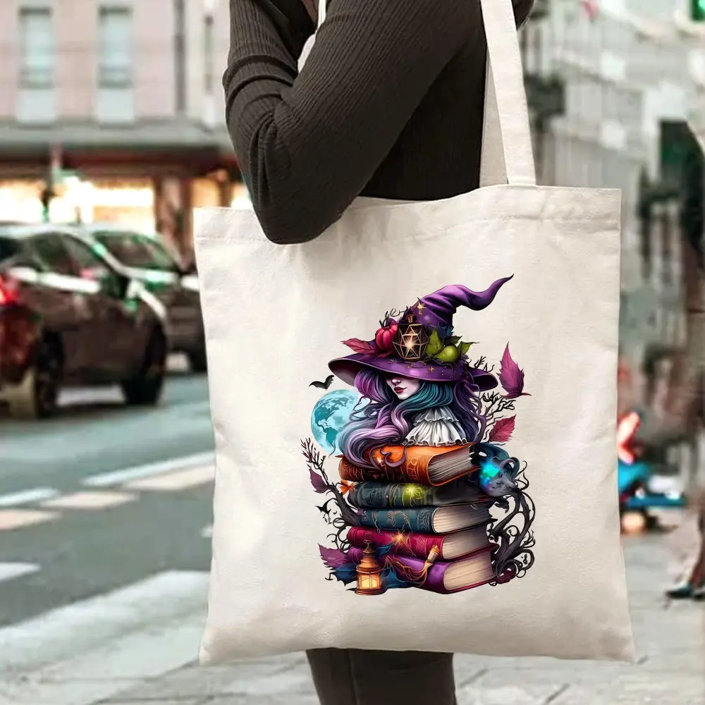 Witch Stacked Books Graphic Canvas Tote Bag Reusable Shopping Bag Print Shoulder Handbag for Daily Work and Shopping