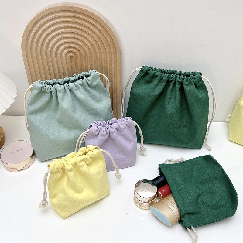 Small Cotton Canvas Drawstring Bag Portable Travel Female Cosmetic Lipstick Mini Storage Pouch Reusable Square String Cloth Bags