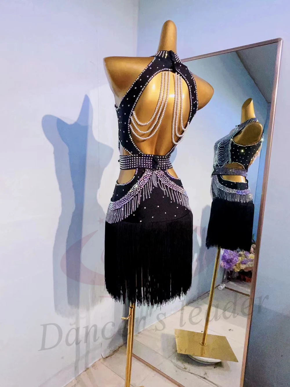Traje de dança latina ab pedra feminino adulto crianças high-end personalizado volta pérola corrente preto piscina samba vestido