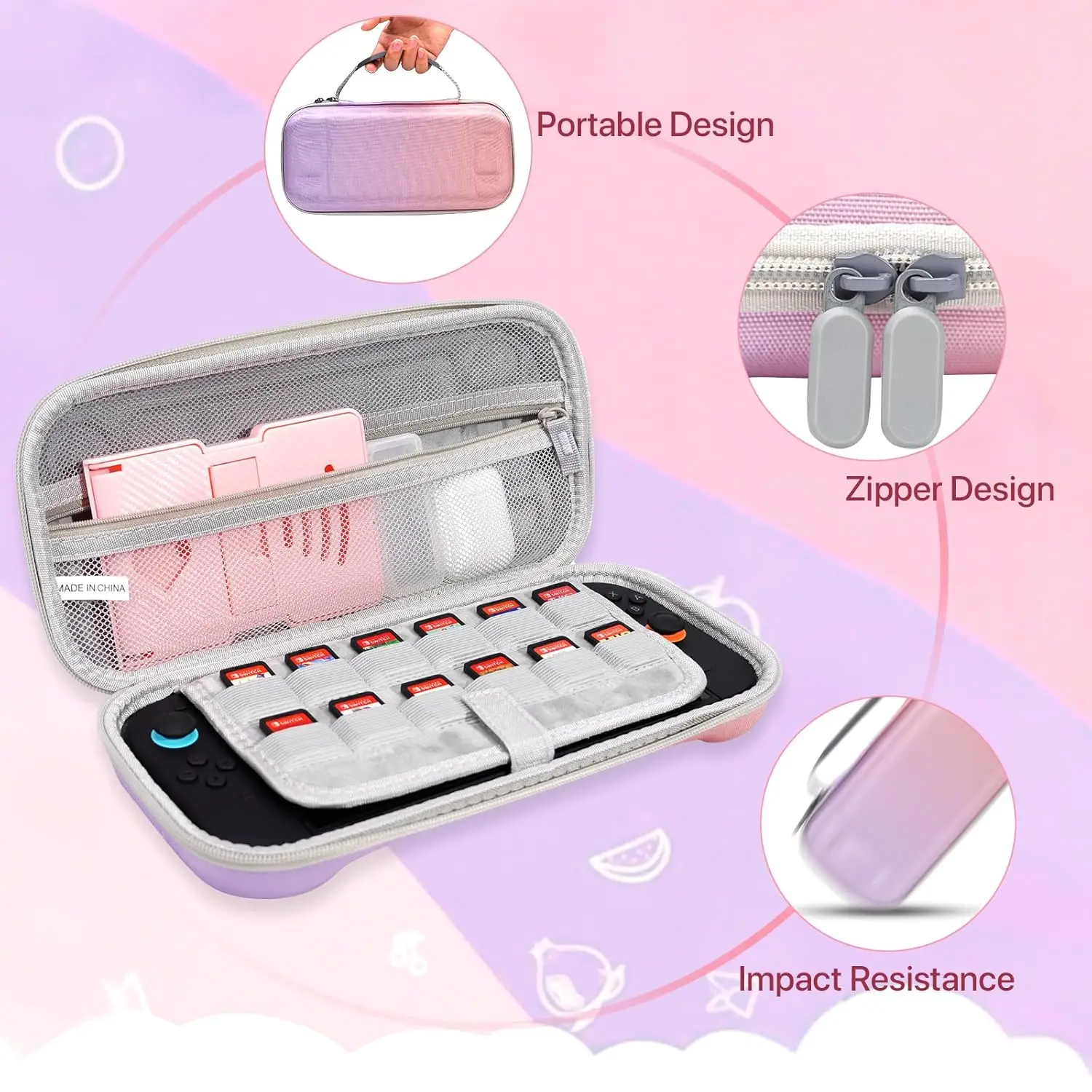 Hard Shell Carrying Case for Switch 2 – Cute NS2 Case Includes 12 Game Card Slots, NS 2 Protective Travel Bag for Kids & Gamers