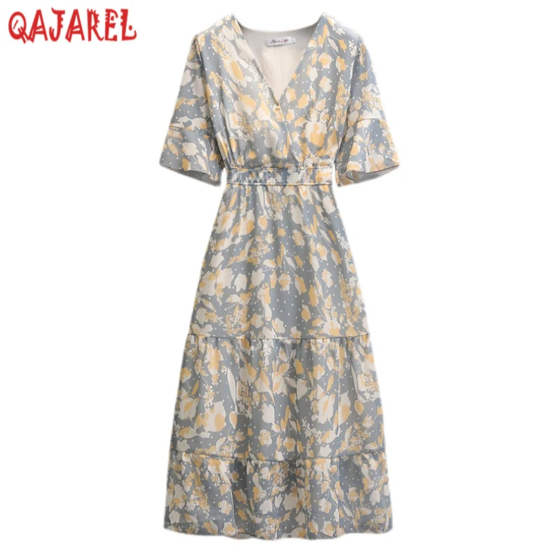 2024 Nieuwe Bloemen Chiffon V-Hals Ruches Midi Jurk Vrouwen Boho Light Casaul Strandjurk Zomer Koreaanse Elegante Bodycon Nachtjurk