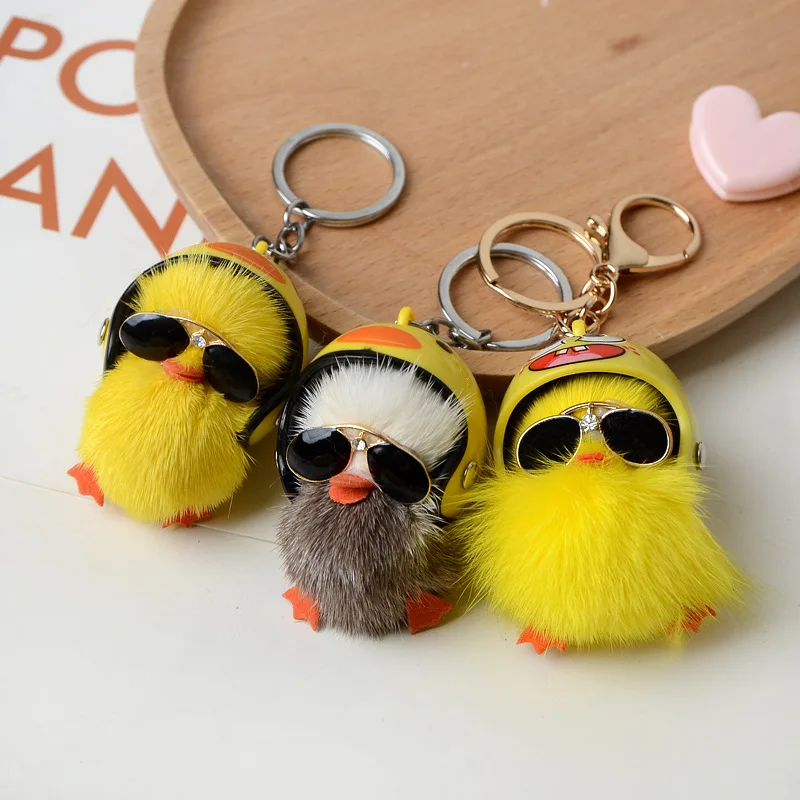 Cute Woman Keychain, A Cool Duck with Helmet and Eyes Mink Hair Little Duck Plush Bag Pendant  Car Keychain