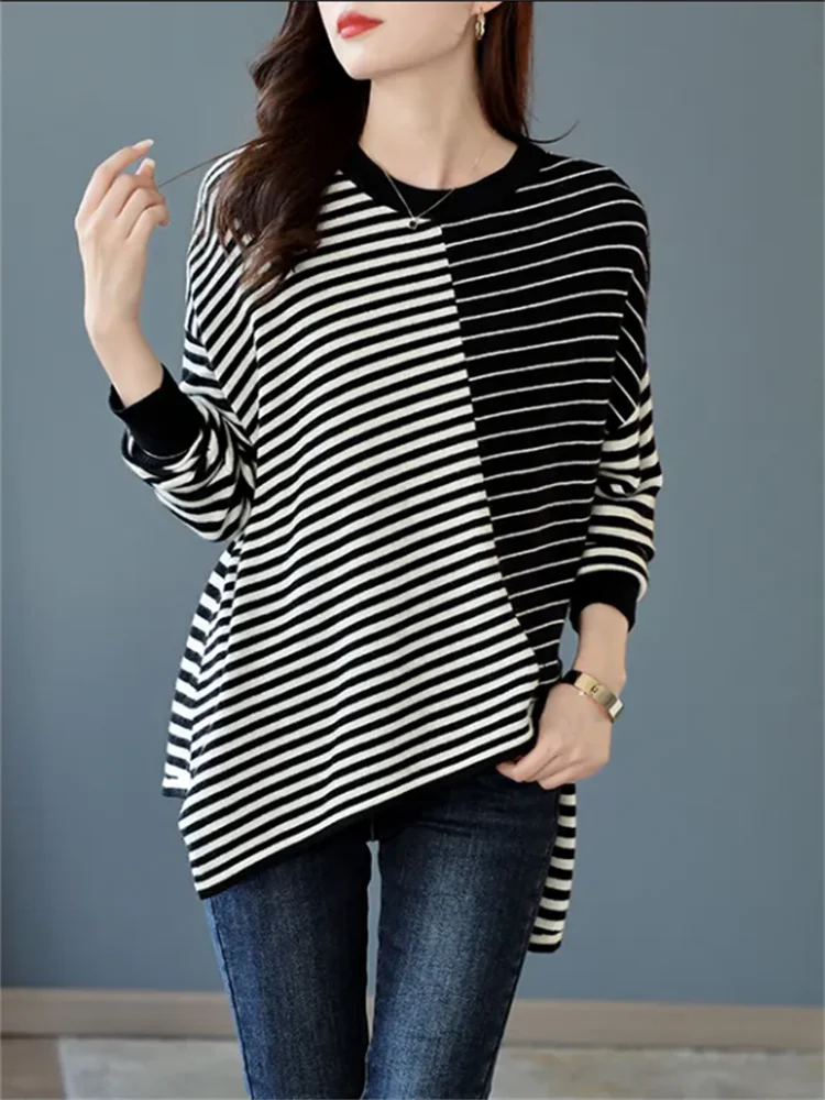 Round Neck T-shirt Women\'s Striped Tshirt Blous Pullover Contrasting Shoulder Down Top for Women Asymmetric Tshirt Female Tees